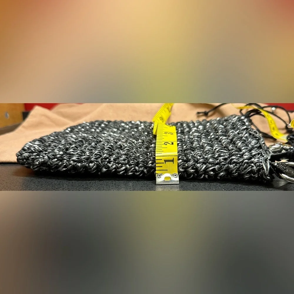 Sun’N’Sand Black Crochet/Woven Crossbody Bag with Metallic Silver Thread & Beads